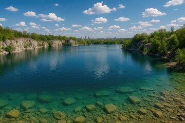 Naklejka premium Artificial water body in an old quarry, used for swimming in a city setting