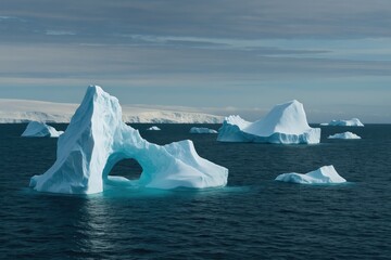 Frozen giants drifting in the icy waters of the southernmost ocean
