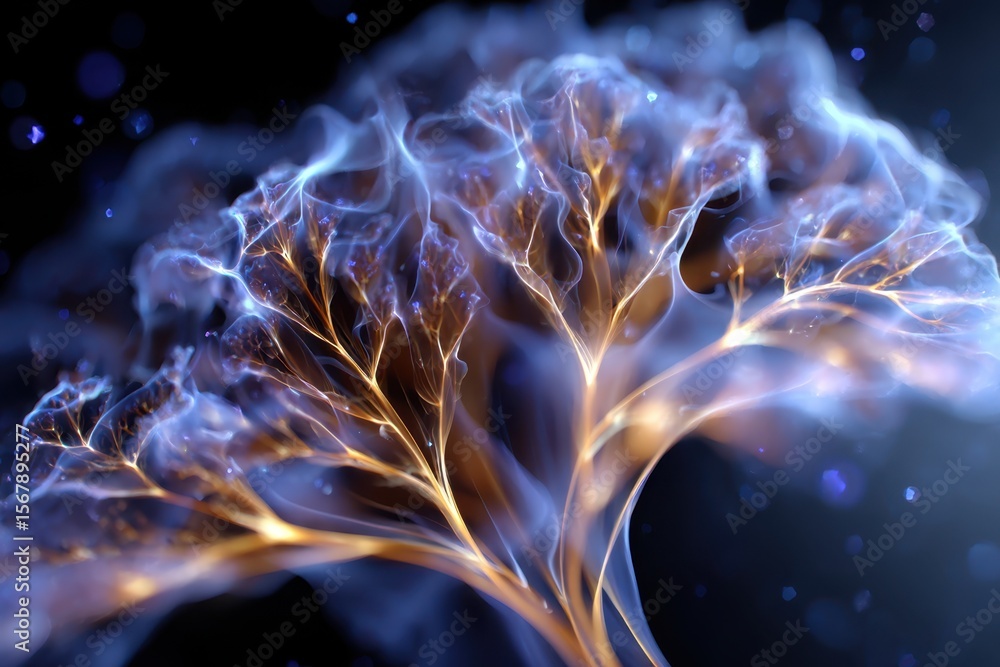 Poster intricate glowing tree structure showcasing vibrant neural patterns in dark background