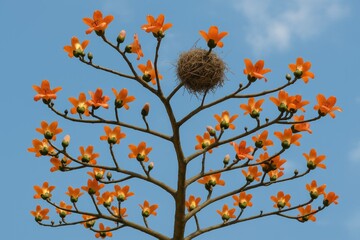 Overhead perspective of a bird's nesting site amidst a cotton blossom tree during daylight hours
