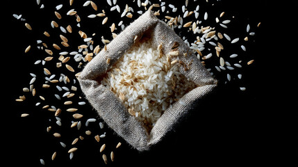 Rice crisis concept ,top down view of burlap sack filled with rice, surrounded by scattered grains, creates visually appealing