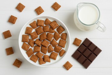 Delicious corn snack served with milk on a white wooden surface, top-down view