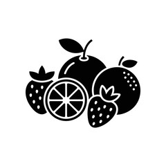 Stylized black silhouette of fresh strawberries and oranges with a citrus slice