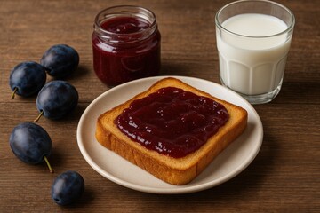 Crunchy bread topped with sweet plum jam, accompanied by milk and fresh plums on a wooden surface. Rustic aesthetic.