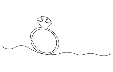 Engagement ring continuous line drawing illustration. One line art of love, Black isolated on white background. Hand drawn vector illustration, Wedding ring line art style vector