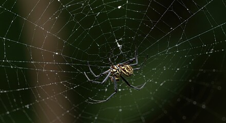 Spider in web with dew drops displaying intricate patterns of nature