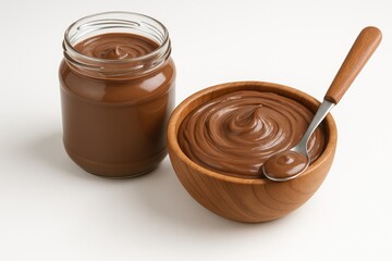 Creamy chocolate spread served in a bowl against a white backdrop
