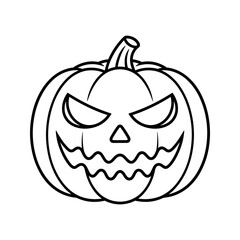 Simple black and white outline illustration of a classic halloween jack o lantern with a carved spooky face