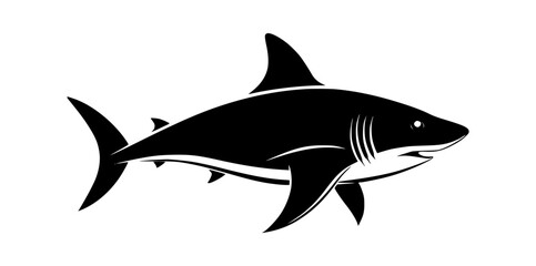 Stylized black silhouette of a great white shark swimming with its mouth open and gills visible