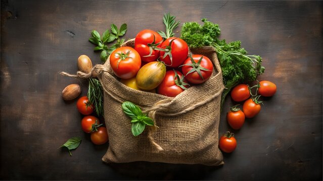 Photo of a burlap sack overflows with ripe red tomatoes and other fresh vegetables, set against a dark, rustic background - Powered by Adobe