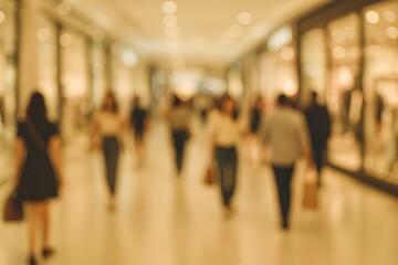 Out-of-focus shoppers browsing inside a shopping center