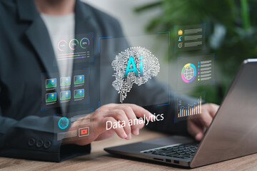 AI agent, AI data analytics concept, Businessman analyzes business strategies with AI system, Statistical probability and big data, Machine learning, Business intelligence, Automation, Evolution