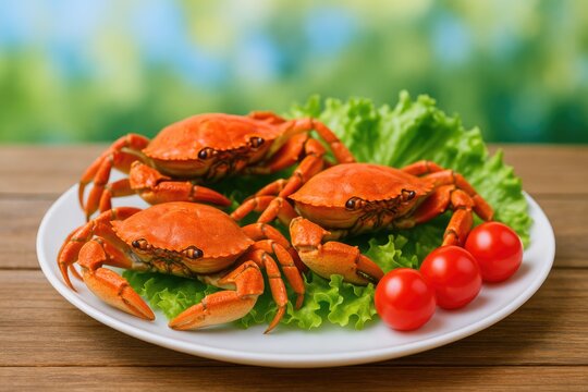 Steamed crabs served on a white dish accompanied by fresh greens and cherry tomatoes, set on a rustic wooden surface with a vibrant backdrop