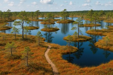 Autumnal marsh scenery featuring wetland flora, tiny pond islands with sparse pine growth, lush grass, and mossy ground cover