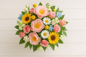 Summer floral arrangement for celebrations and romance with a bridal touch on a wooden backdrop