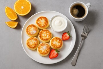Cheese pancake breakfast served on a grey surface, overhead perspective