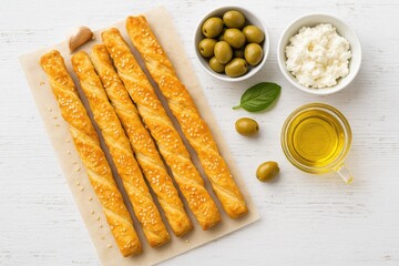 Crunchy breadsticks featuring classic wheat dough infused with garlic, cheese, and sesame seeds. Still life food arrangement against a rustic white background, complemented by olive oil, goat cheese,