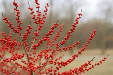 Winterberry Holly Plant with Bright Red Berries During Winter Season