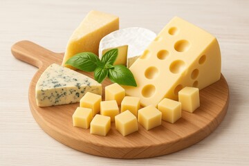 Cheese platter featuring various cheese pieces on a soft wooden surface