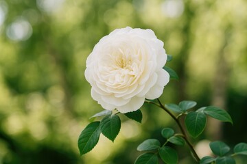 A delicate white cabbage rose in full bloom on its branch during spring at a botanical garden, symbolizing serenity and tranquility with expansive petals surpassing typical garden roses.