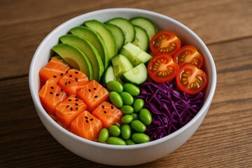 Dish featuring salmon and fresh vegetables in a bowl