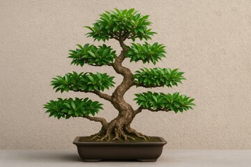 Miniature Bonsai Display Against Textured Wall Surface