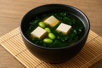 A cup of tofu stuffed with boiled soybeans served with seaweed or miso soup