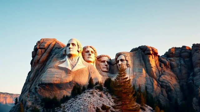 A cinematic shot of Mount Rushmore at sunrise, with the faces of the four presidents bathed in soft morning light against the