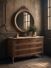 Ancient vintage classic dresser near dilapidated wall. Retro grunge home interior