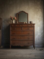Ancient vintage classic dresser near dilapidated wall. Retro grunge home interior