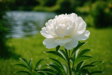 Summer garden featuring a white peony blossom