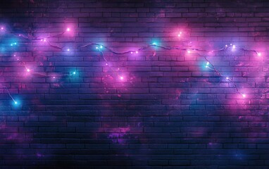 A brick wall background with purple and blue neon lights
