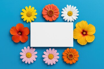 Bright floral design on white paper card with geometric mockup and greeting card space, set against a blue background