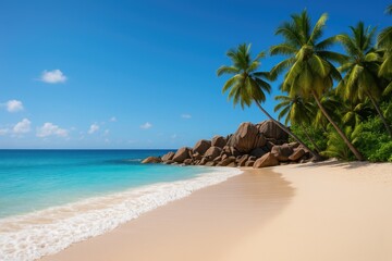 A sunny day at a vast tropical beach featuring white sands, lush palm trees, rugged granite formations, and clear turquoise waters
