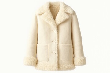 Elegant white sheepskin jacket featuring plush fur detail on a plain white backdrop