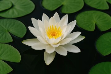 Water lily floating on a pond with surrounding foliage