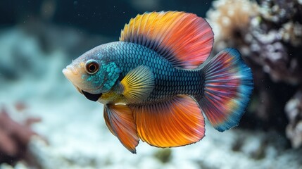 Obraz premium Siamese fighting fish with rainbow-colored fins dancing in clear water, captured mid-motion with dramatic lighting