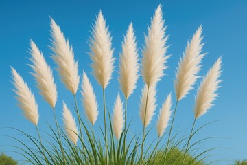 White pampas grass set against a vivid blue sky