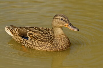 Fototapeta premium A wild duck gliding across the dark, murky lake waters
