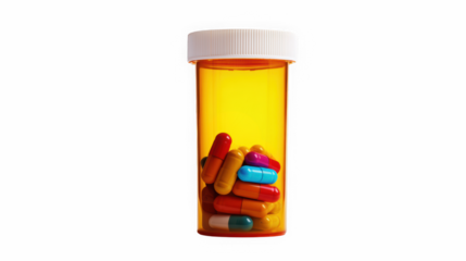 Transparent orange pill bottle filled with multicolored capsules