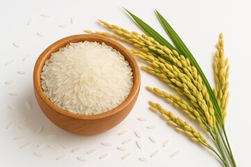 Uncooked Jasmine rice served in a wooden bowl with plain background
