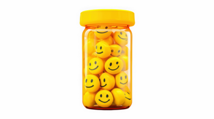 Transparent orange pill bottle mockup filled with smiley capsules