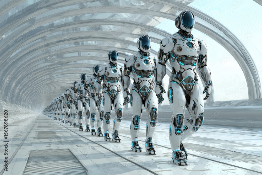Poster a futuristic robotics lab filled with advanced humanoid robots walking down a long hallway.