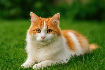 A cozy white and red fluffy housecat resting on a garden lawn with a blurred background. Wide shot, horizontal orientation.
