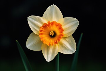 Fototapeta premium Bright orange and white daffodil with vibrant hues against a dark backdrop