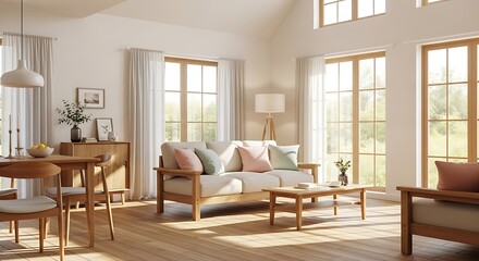 Fototapeta premium Bright and Airy Living Room Design with Natural Light and Wooden Accents