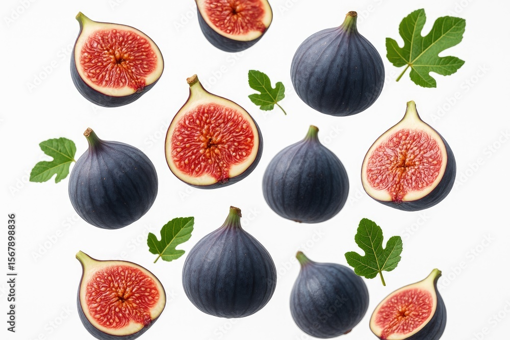 Poster floating whole and halved figs against a white background with full depth of field and space setting