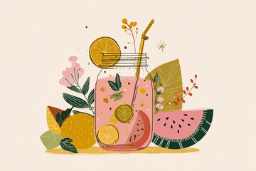 A colorful display features two jars of watermelon smoothie, garnished with fruit and greenery. Juicy watermelon slices complement the lively tropical theme, perfect for summer refreshment