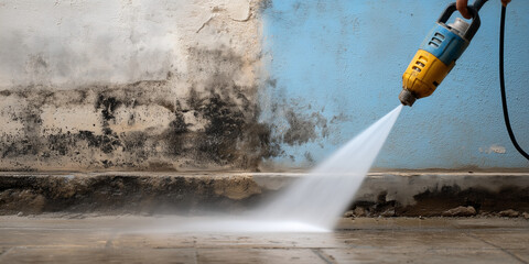 Obraz premium Powerful water sprayer cleans surfaces efficiently in urban setting