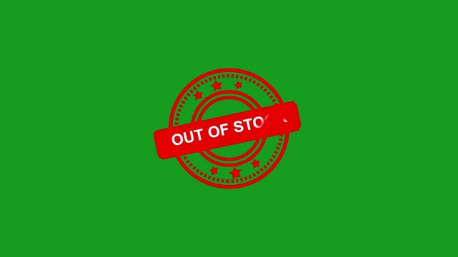 Animated   "OUT OF STOCK"  rubber stamp seal with bold red text, featuring a zoom and hit effect  on a screen background Alpha channel. 4k video animation. Alpha matte channel.
